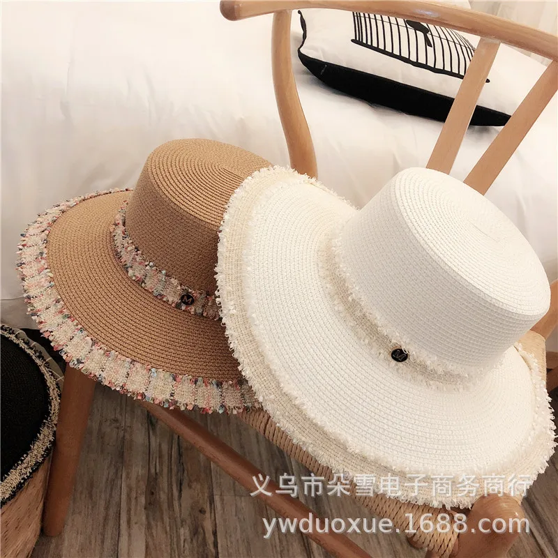 X515 Fashion Summer Straw Hat Online Celebrity Small Fragrant Wind Flat Top Fresh Beach Sunshade Beach Cap Adjust Size