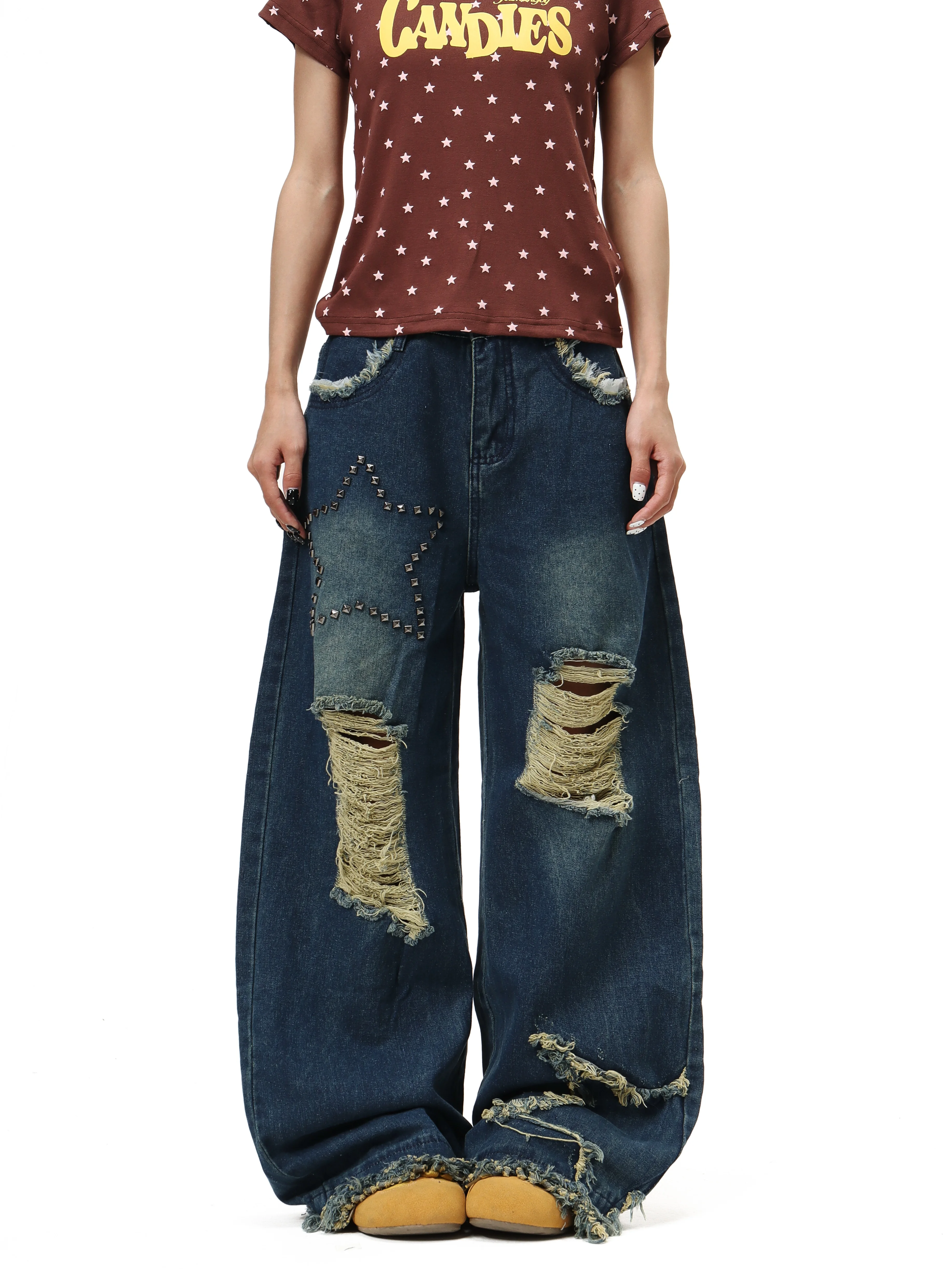 Women's Blue Baggy Jeans Y2K Decorative Diamonds  High Street Trousers Harajuku Hot Girl 2000s Style Retro Pants Jeans Clothing