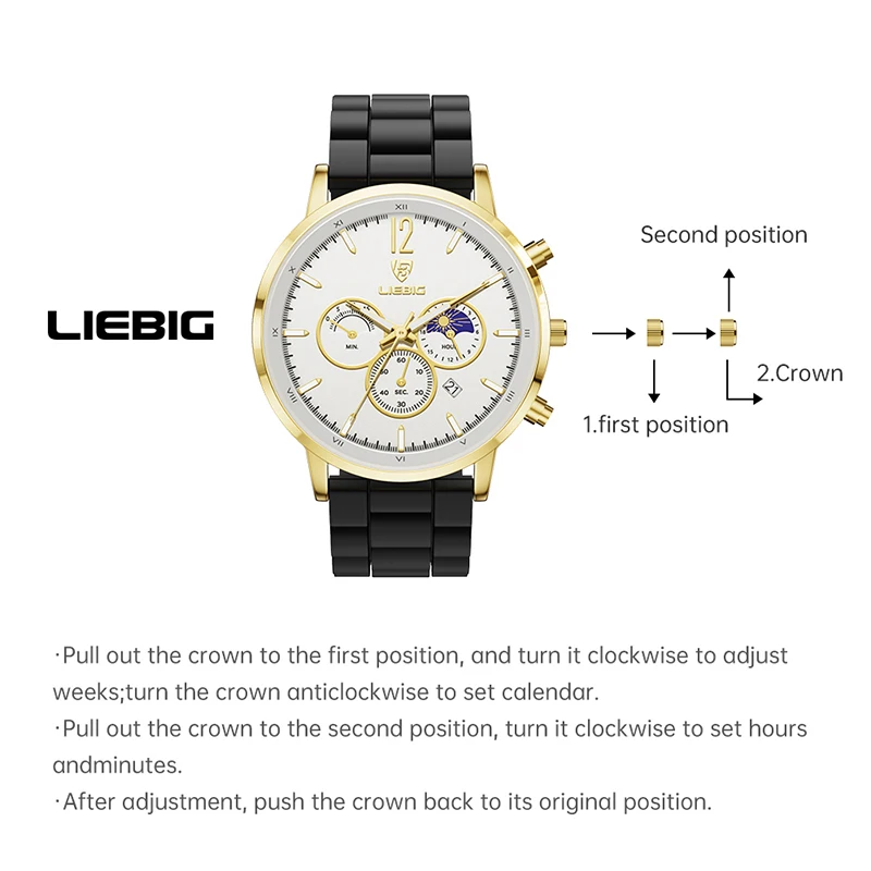 LIEBIG New Fashion Genuine Leather Strap Watches Mens Casual Date Week Waterproof Quartz Wristwatch Clock Male Reloj Hombre