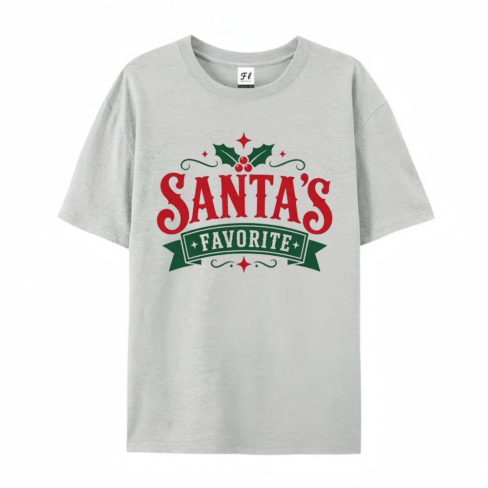 Women T Shirt Santas Favorite Christmas Letter Print  Short Sleeve Crewneck Casual Loose Cotton  Graphic Tees