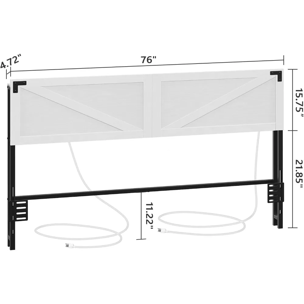 لوح رأسي بحجم كينج على طراز Farmhouse مع منافذ مدمجة ومنافذ USB وإضاءة LED وتخزين آمن