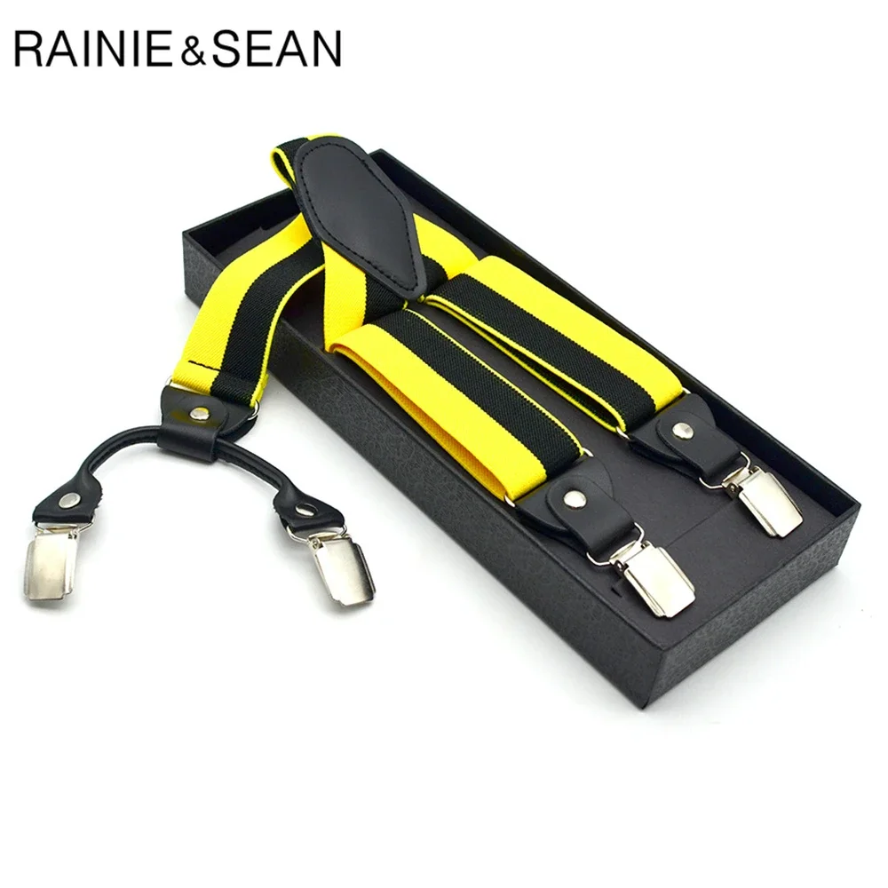 

RAINIE SEAN Yellow Mens Suspenders Adult Elastic Striped Suspender Mens Braces 4 Clips Fashion Trouser Strap 120cm High Quality