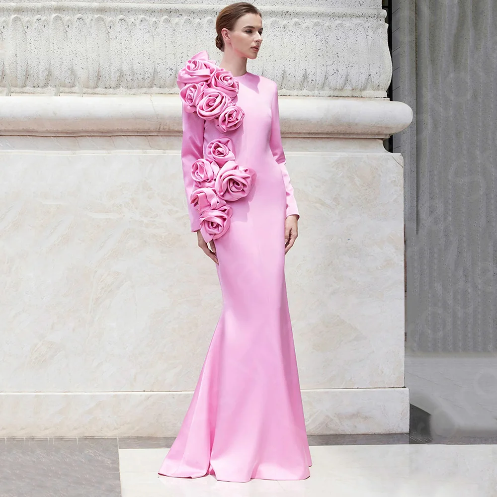 

Classic Pink Evening Dresses 2024 Mermaid Arabic Prom Party Gowns Long Sleeves Flowers Wedding Guest Dresses Floor Length