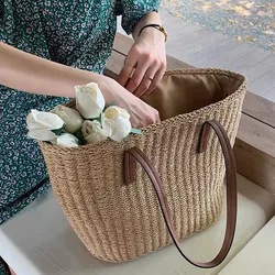 Bolso informal de paja de gran capacidad para mujer, bolsa de hombro tejida con cuerda, hecha a mano, grande, para playa y verano