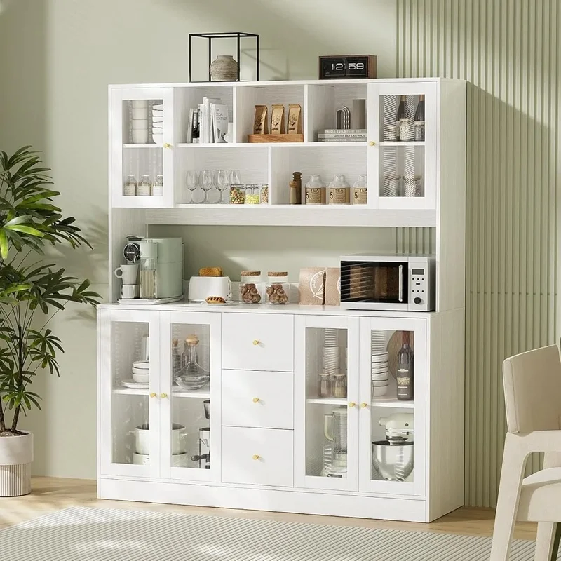 Spacious Kitchen Hutch Cabinet with Glass Doors, Storage Drawers, and Microwave Shelf for Optimal Pantry Organization