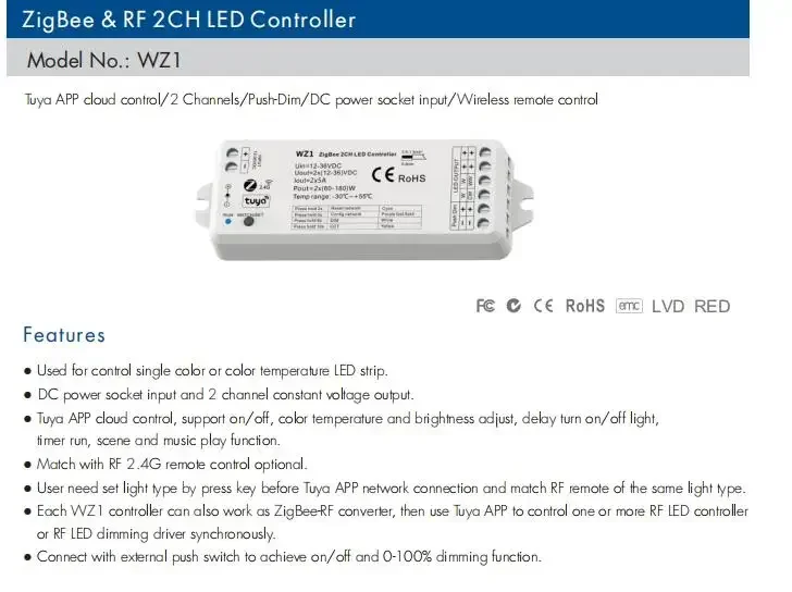ZigBee3.0 & RF 2CH LED Controller WZ1 DC12-36V Tuya APP Cloud Wireless Remote Control 2 Channels for Single Color CCT LED Strip