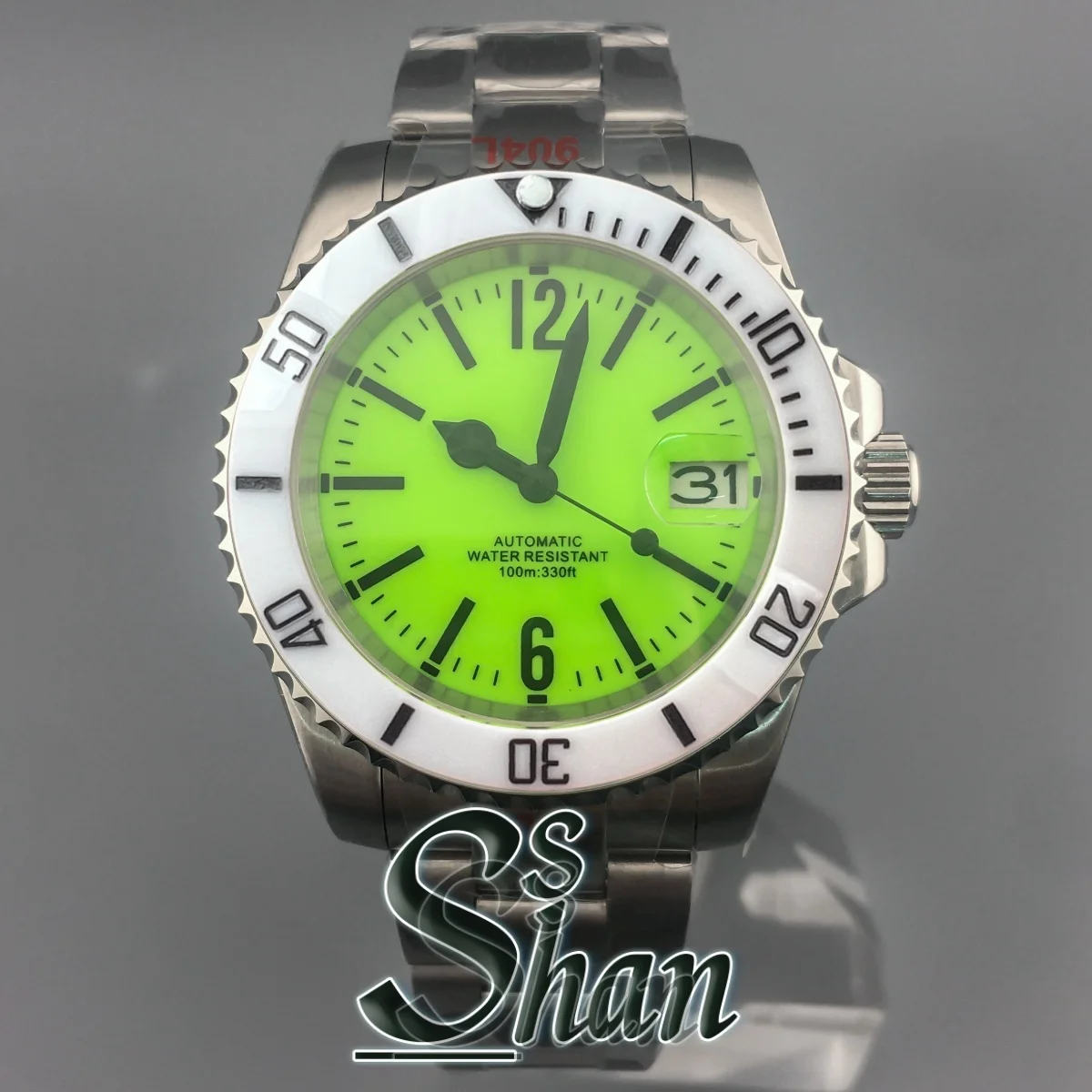 40mm Men Automatic Watch 10ATM Water‑Resistant Sapphire Crystal Full Green Luminous Dial Stainless Steel Bracelet NH35A Movement