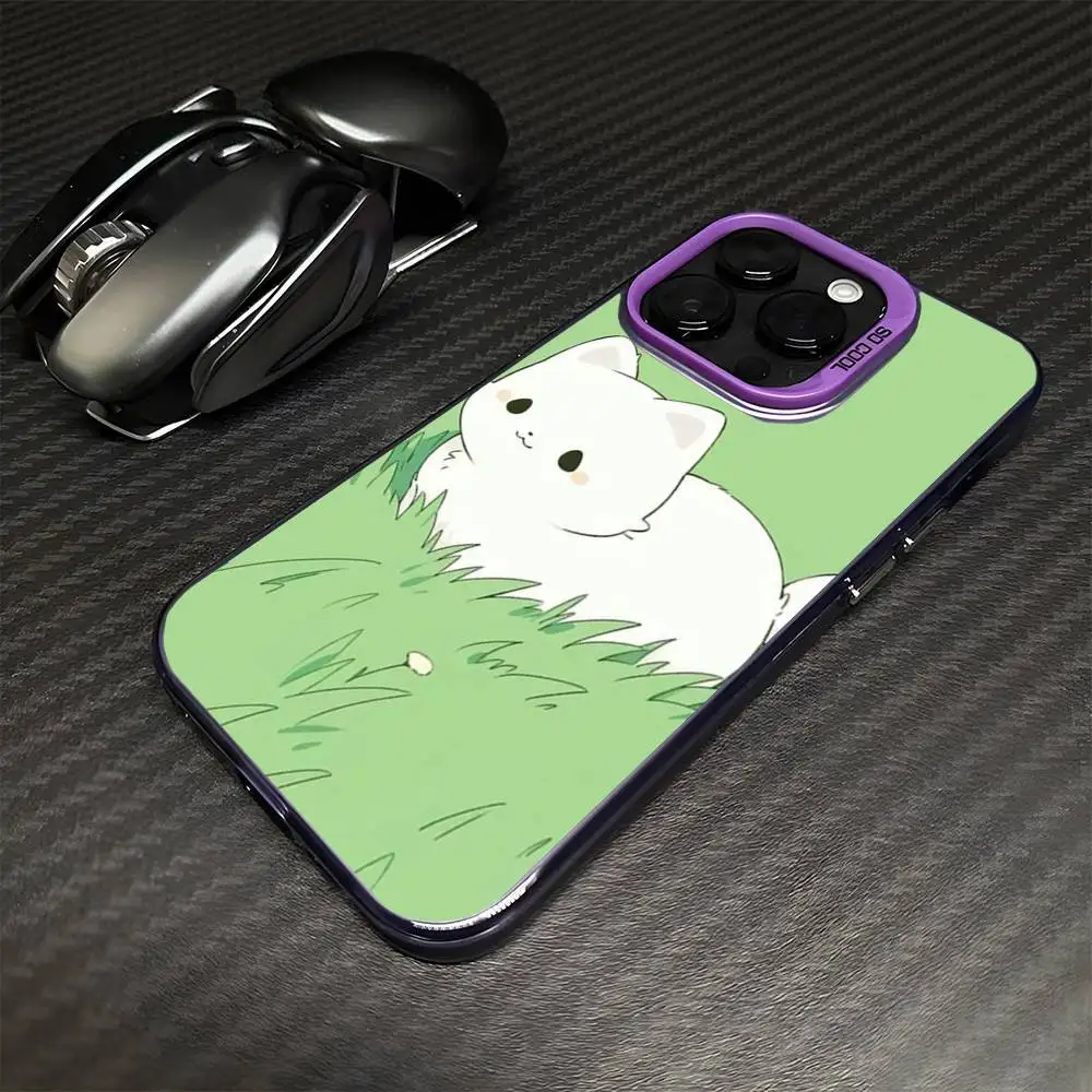 Cartoon weiße Katze im Rasen Handyhülle für iPhone 16,15,14,13,12,11, Mini, Pro, MAX Lila Matte stoßfeste Abdeckung