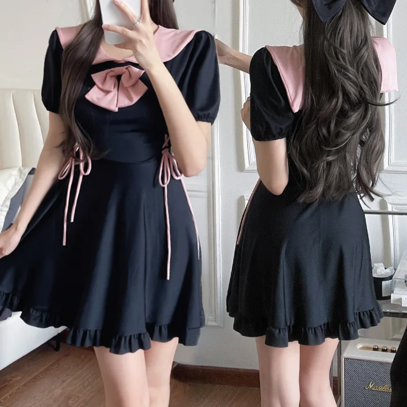 Cute Sweet Women's One-Piece Swimsuit Lolita Bowknot Preppy Style Dress Waist Sexy Sandbeach Casual Swimwear Wholesale