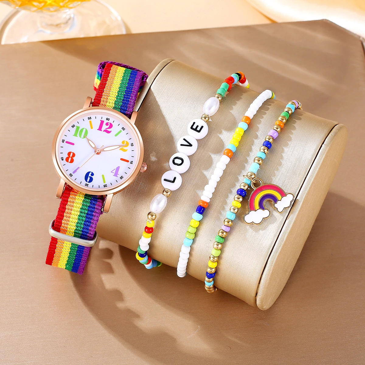 4Pcs Ladies Small Clear Rainbow Digital Pointer Nylon Strap Quartz Watch Girl LOVE Abacus Bead Rainbow Bracelet Bracelet Set