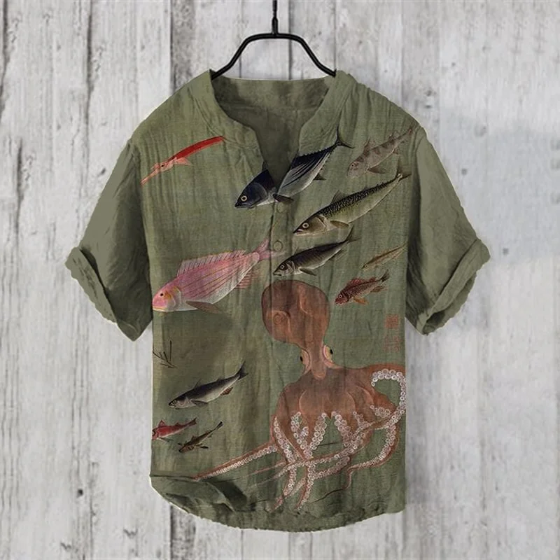 

Spring and summer men and women V-neck shirt independent station casual sea creature Hawaiian style 3D printed shirt men's linen