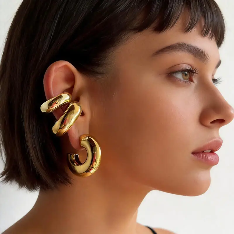 3Pairs Women Golden Silvery C-Shaped Hoop Clip On Earrings Set, Vintage Classic Non-Pierced Earrings, Simple Hoop for Daily Wear