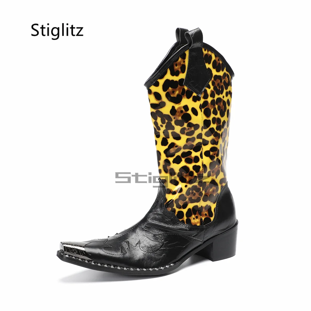 Men's Leopard Print Riding Boots Embroidery Totem Genuine Leather High Heels Western Boots Patckwork Metal Toe Mid-Calf Boots