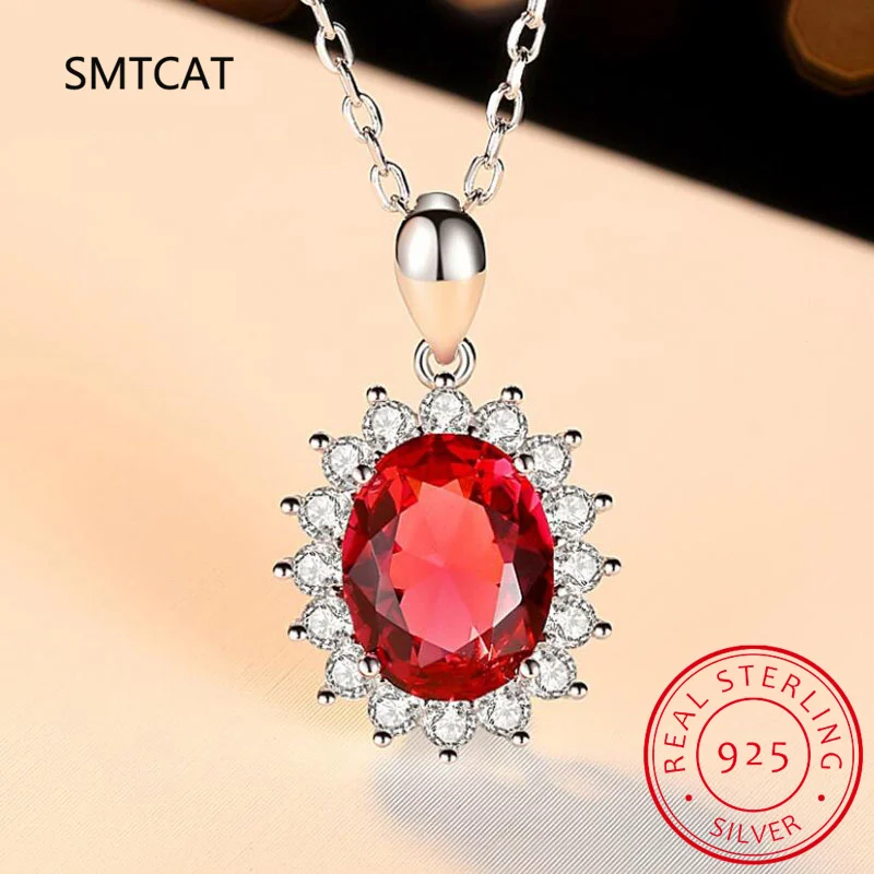 Princess Diana Created Red Ruby Natural Garnet 925 Sterling Silver Pendant Necklace For Women Oval Gemstone Fine Jewelry Choker view 3