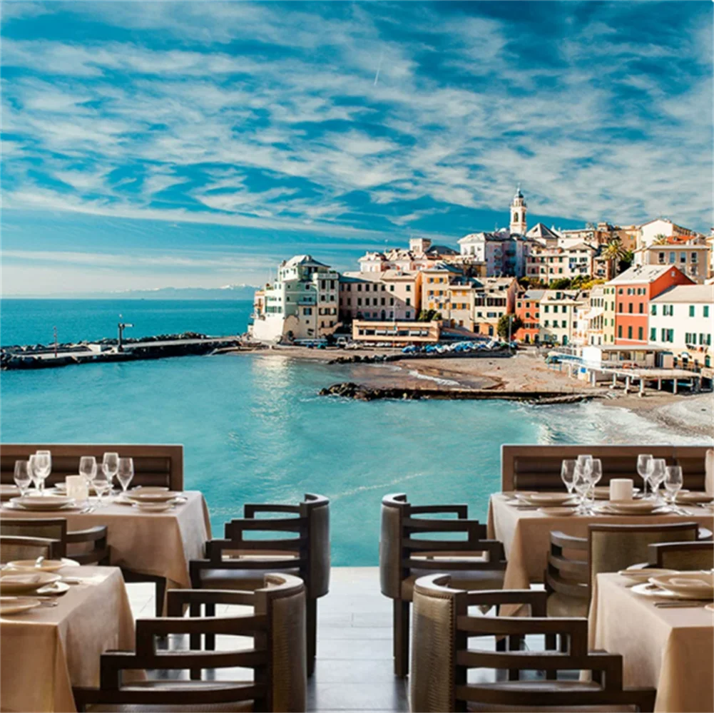 3D Mediterranean Landscape Custom Mural Living Room Sofa Blue Sky White Clouds European Seaside Town Wallpaper