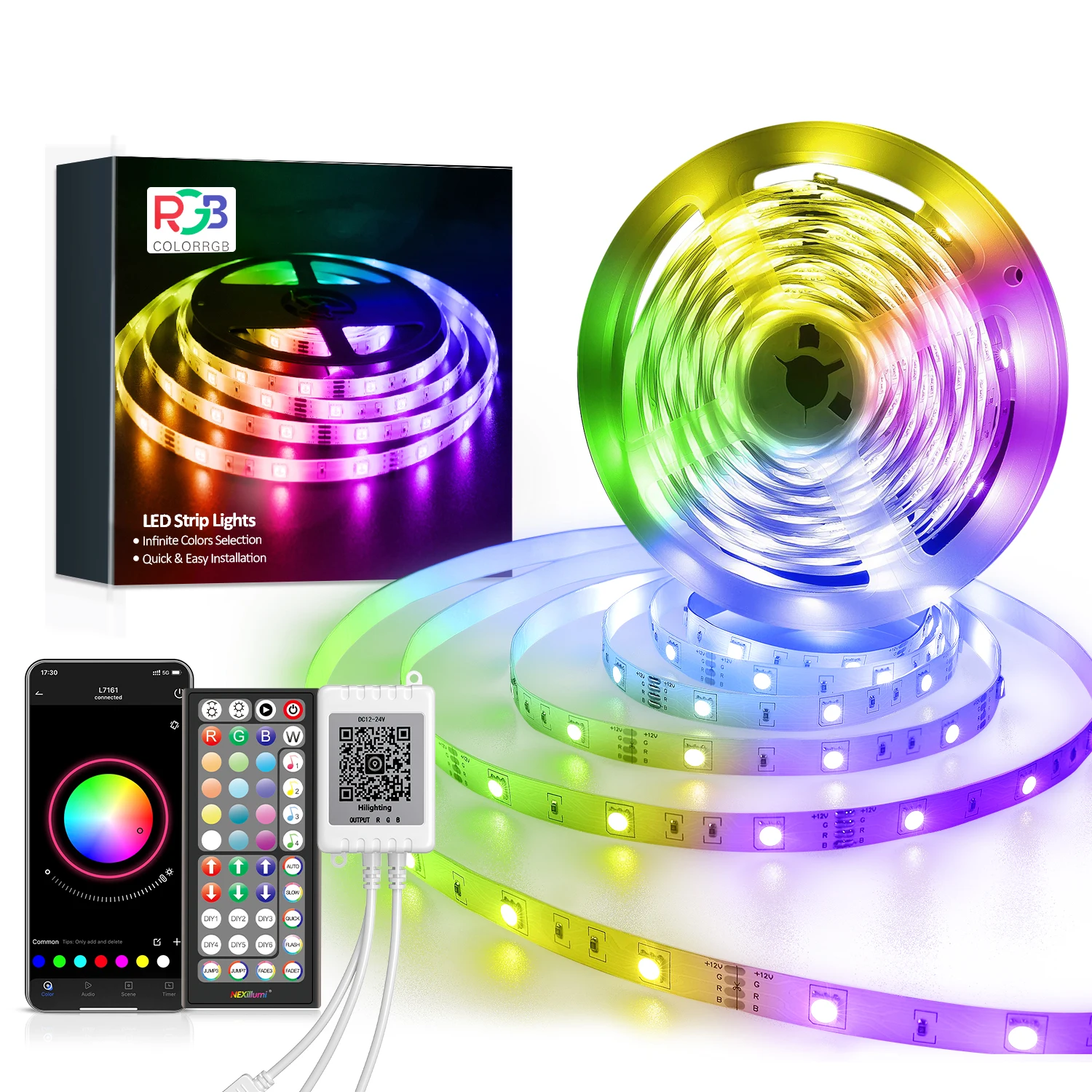 ColorRGB 5M-30M tira de luz LED RGB 5050 cinta Flexible fita tira de luz LED RGB cinta diodo aplicación de teléfono + control remoto