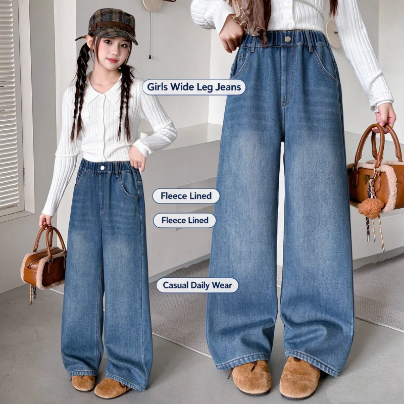 Girls Fleece Lined Wide Leg Jeans Vintage Denim Mushroom Embroidery Elastic Waist Winter Casual Pants For 6-16YEasy Easy care-