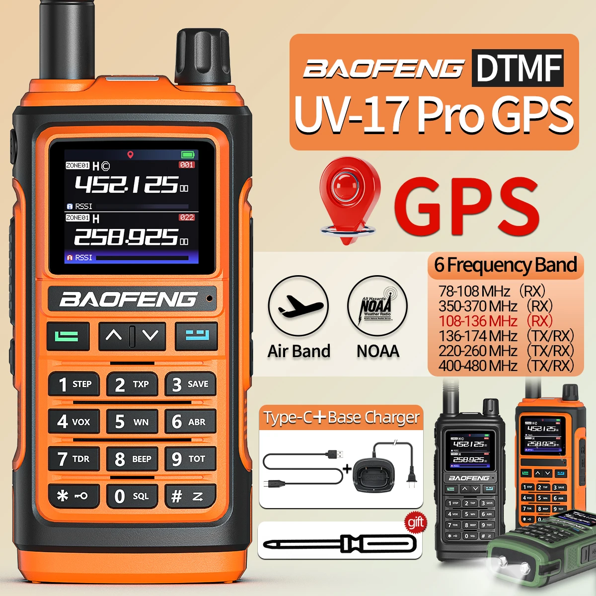 Baofeng UV-17 PRO GPS 에어 밴드 워키토키, 무선 복사 주파수 NOAA DTMF C 타입, UV-5R K5 21 프로 햄 양방향 라디오 