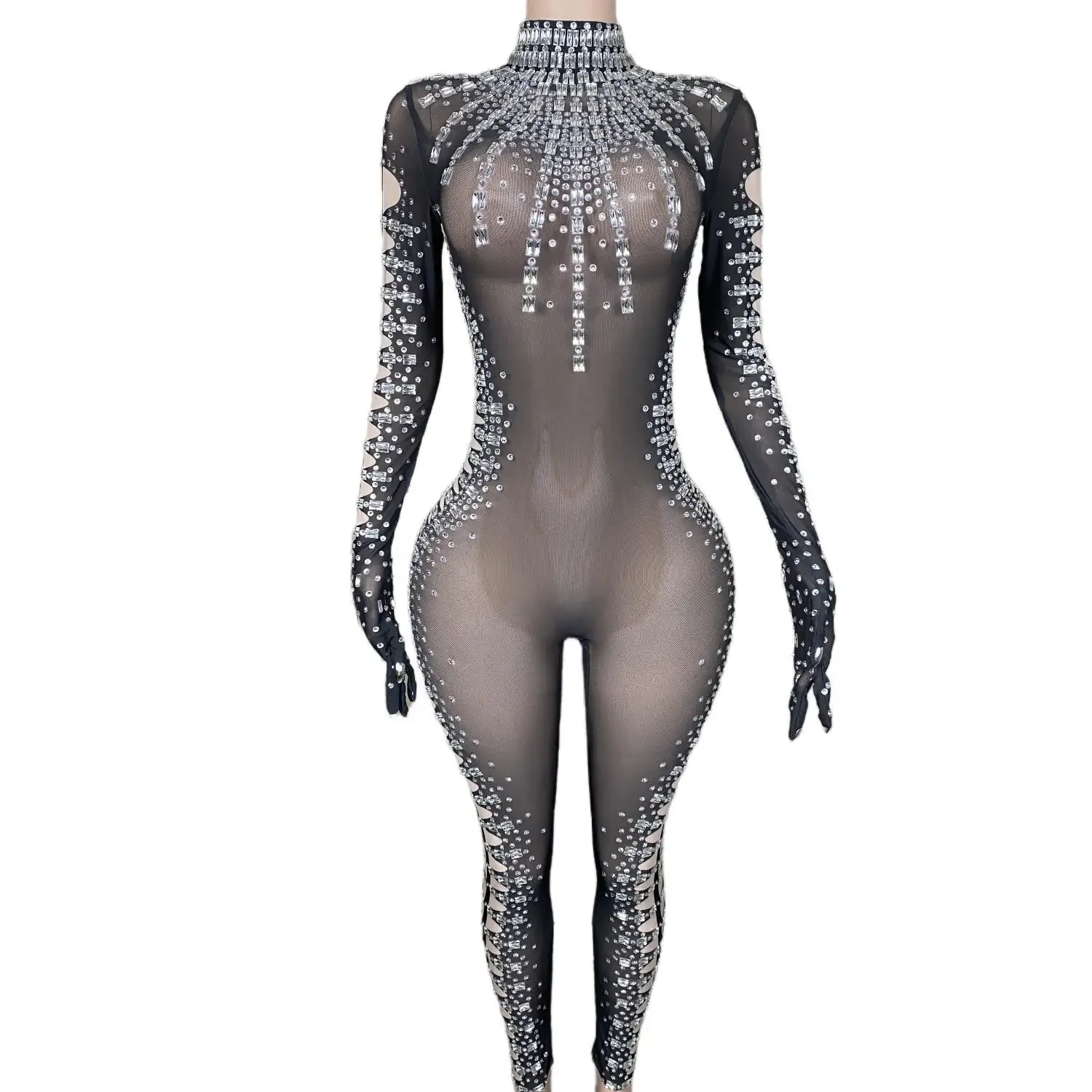 

Sparkle Rhinestone Women Long Sleeved Bodysuit Fashion Black Diamond Crystal Party Club Jumpsuit Lady Stage Performance Clothing