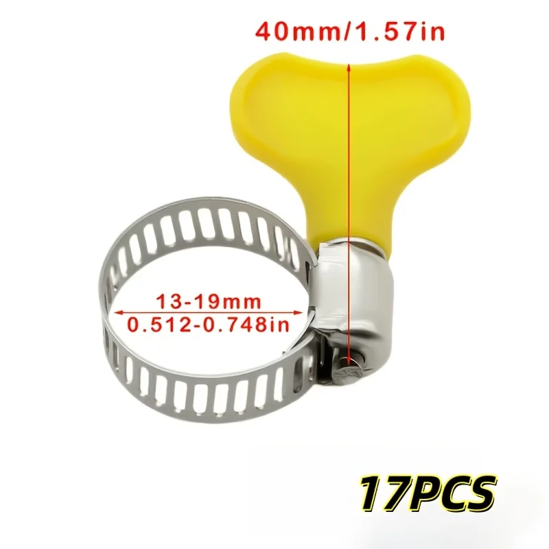 17Pcs Wing Nut Hose Clips, Stainless Steel Worm Gear Hose Clamps 13-19mm, Yellow Butterfly Handle for Water Pipe