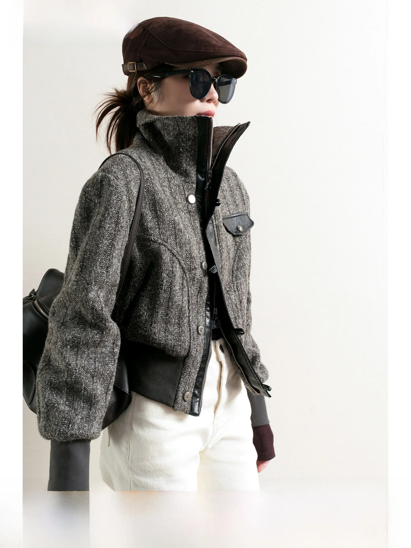 

TidePA Design Chic Ultra-ort Biker-Sle PU Splice Stand Collar Women's Autumn Winter Warm Outerwear Faionable Ladies' Ja...