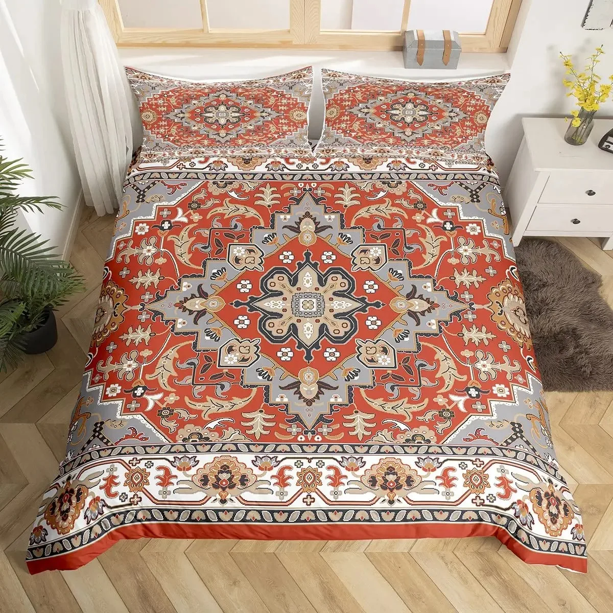 

Tribal Floral Duvet Cover Set Twin King Size Bohemian Geometric Flowers Bedding Set Mysterious Indian Abstract Grid Quilt Cover