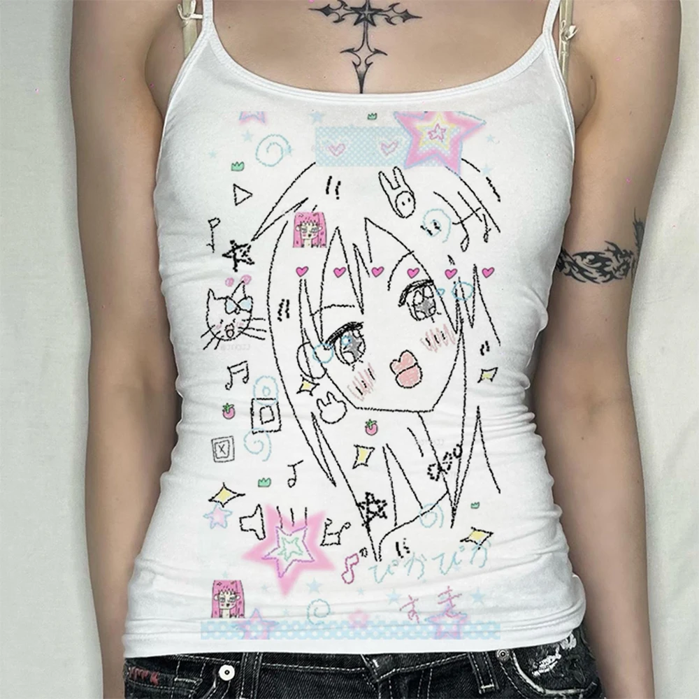 Cute Doodle Anime Girl Graphic Print Women Long Sleeve Tshirt Japanese Hand Drawn Round Neck Slim Fit Female Tops