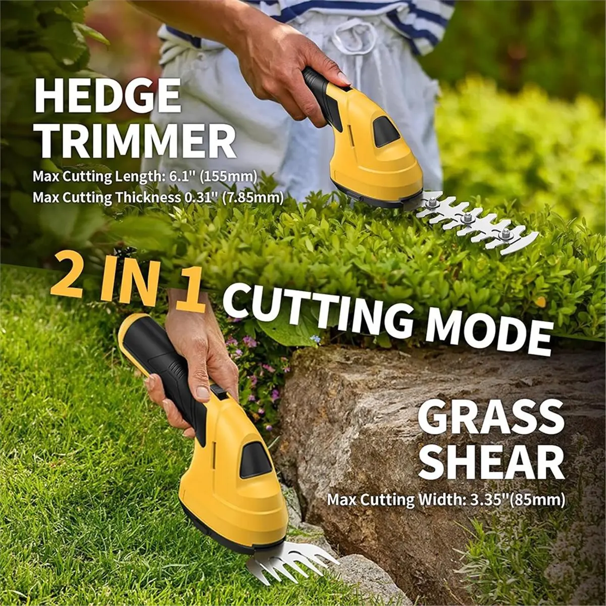 newA10R Cordless Grass Shear Hedge Trimmer 2 in 1 Light Weight Electric Grass Trimmers with Type-C Handheld Shrub Trimmer Yellow
