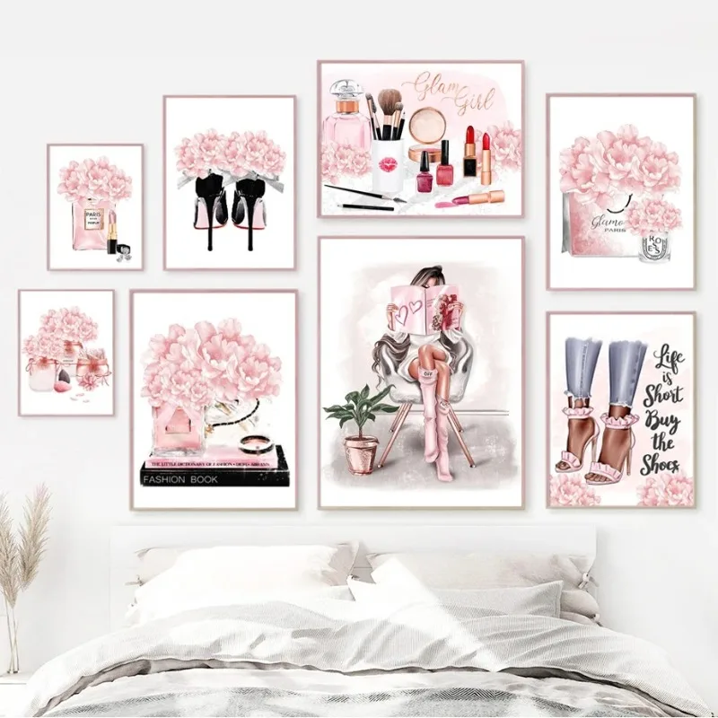 Flor rosa París Perfume moda lápiz labial tacones chica arte lienzo pintura carteles nórdicos impresiones cuadros de pared decoración para sala de estar