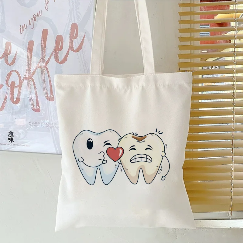 Funny Teeth and Dentist Ladies Tote Casual Fashion Canvas Shoulder Bag Eco Large Capacity Portable Travel Shopping Bag Schoolbag