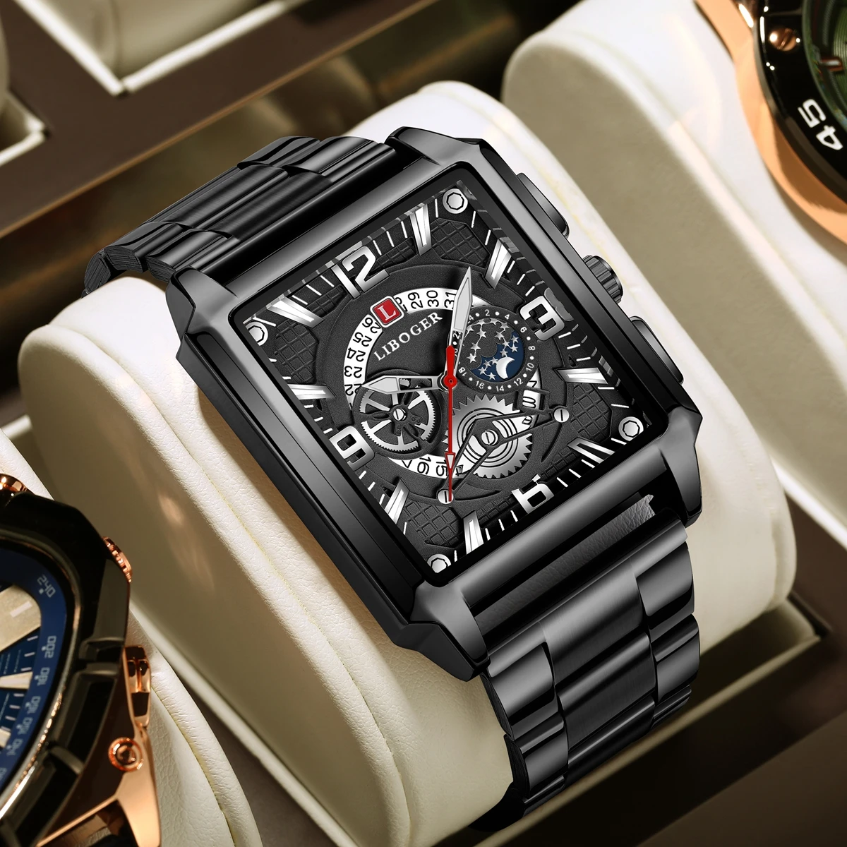 New Big Dial Fashion Men Watch Gold Rectangle Stainless Steel Strap Auto Date Business Man Quartz Watches Calendar Time Gifts