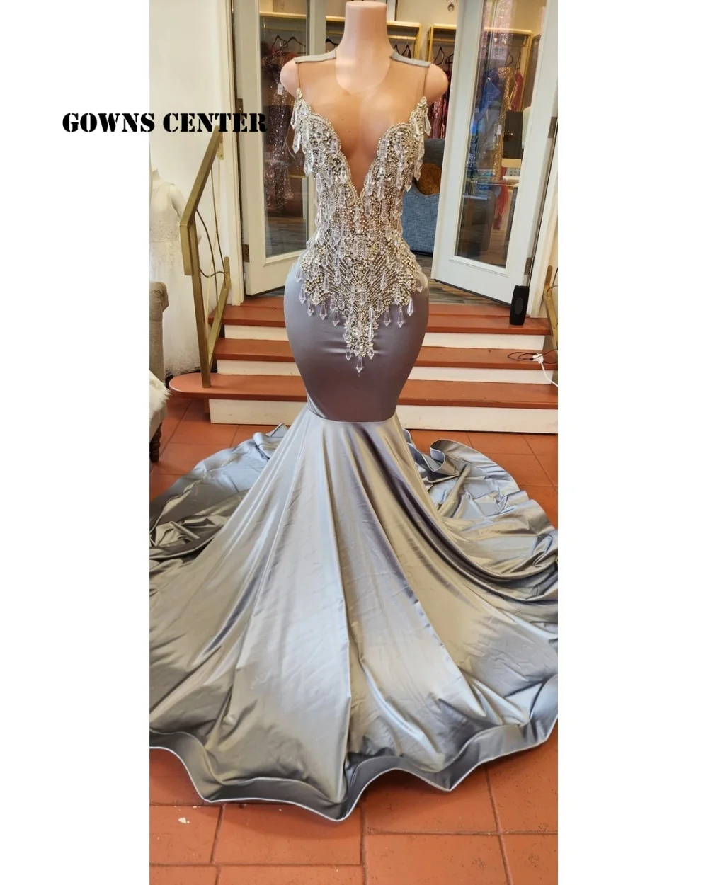 

Silvery Rhinestones Beaded Crystal Prom Dresses For Black Girls African Mermaid Ladies Dress Special Wedding Customized
