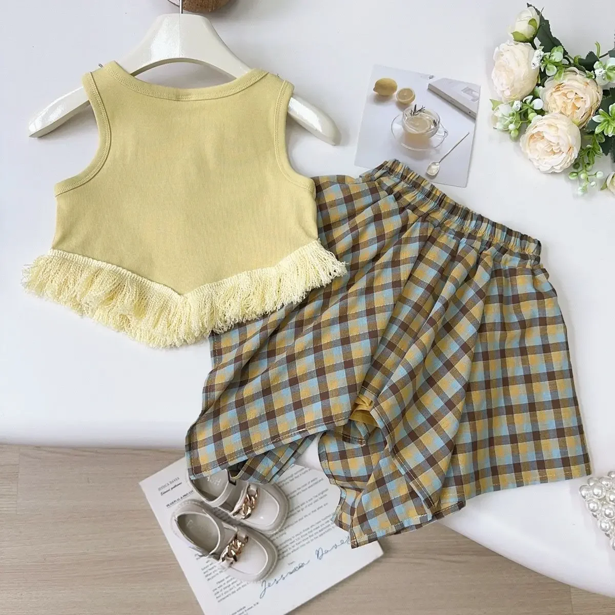 2 3 4 5 6 8 Years Girls Clothing Set Summer Solid Color Tassels Sleeveless T-shirt+Grid Print Skirt 2Pcs For Girls Fashion Suit