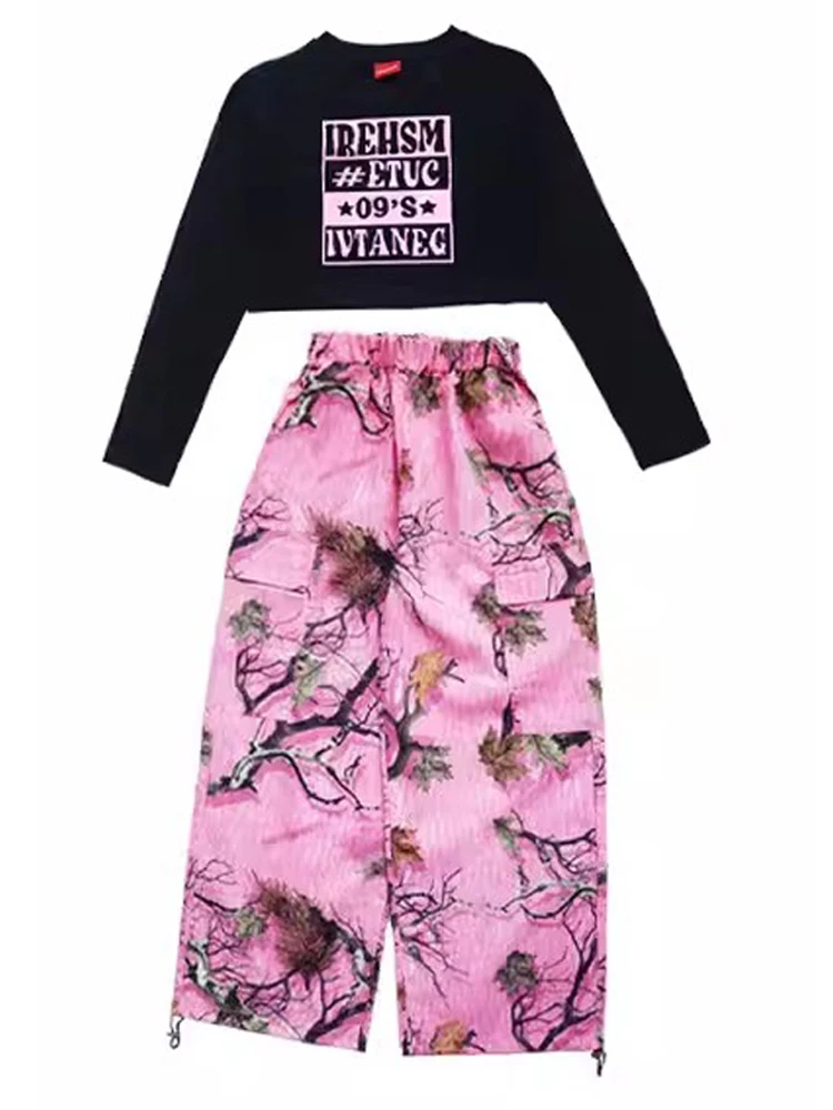 Fato de dança de jazz infantil, roupa de Kpop, tops recortados, calça rosa, roupas hip hop, roupas de palco, BL11817