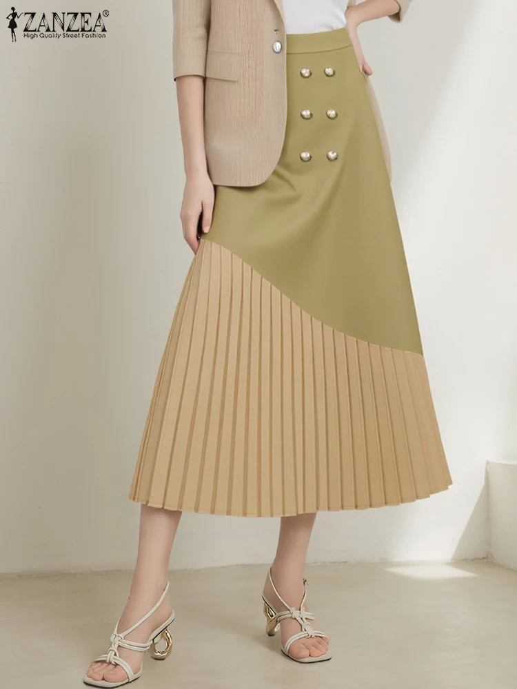 2025年 ザンゼア 秋 エレガント ハイウエスト オフィススカート レディース おしゃれ パッチワーク ファルダス サイヤ プリーツスカート Aライン パーティー サマードレス ローブ