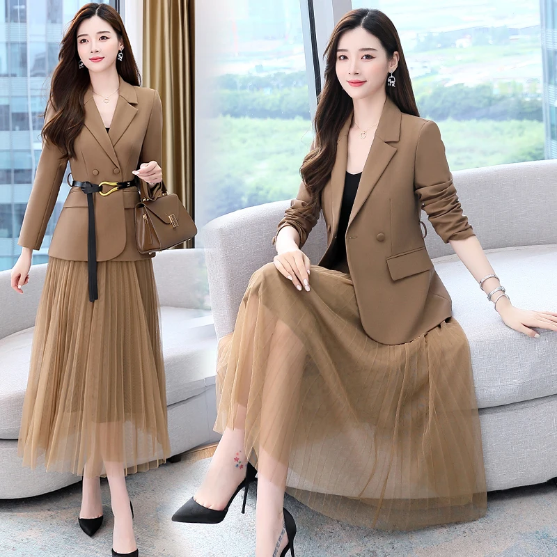 Fashion New Height Quality Korean Version Of All-Match Belt Blazer Jacket High Waist Pleated Skirt Suit Two Piece Set Female