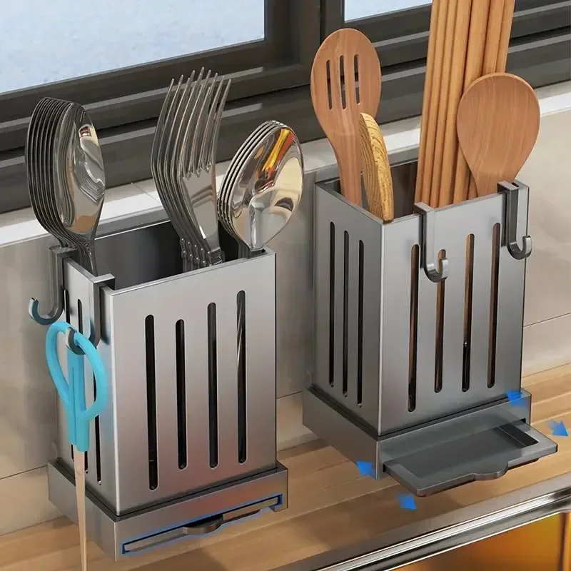 1pc Kitchen Chopsticks Holder Multifunctional Hanging Utensil Drying Rack Hooks No Drilling Wall Mounted Spoon Fork Holders image 5