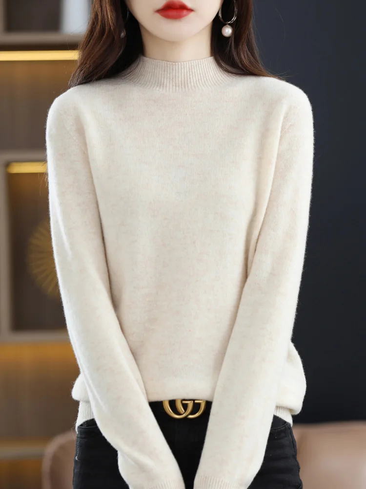 RONGYI 100%Pure Wool Half-neck Pullover Autumn /Winter Cashmere Sweater Woman Casual Knitted Tops Female Jacket 19 Colors S-XXXL