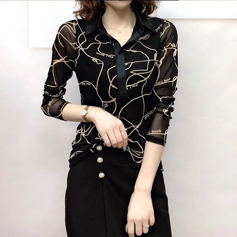 Office Lady Slim Fashion Letter Printed Blouse Spring Autumn All-match Gauze Polo-Neck Korean Female Clothing Long Sleeve Shirt