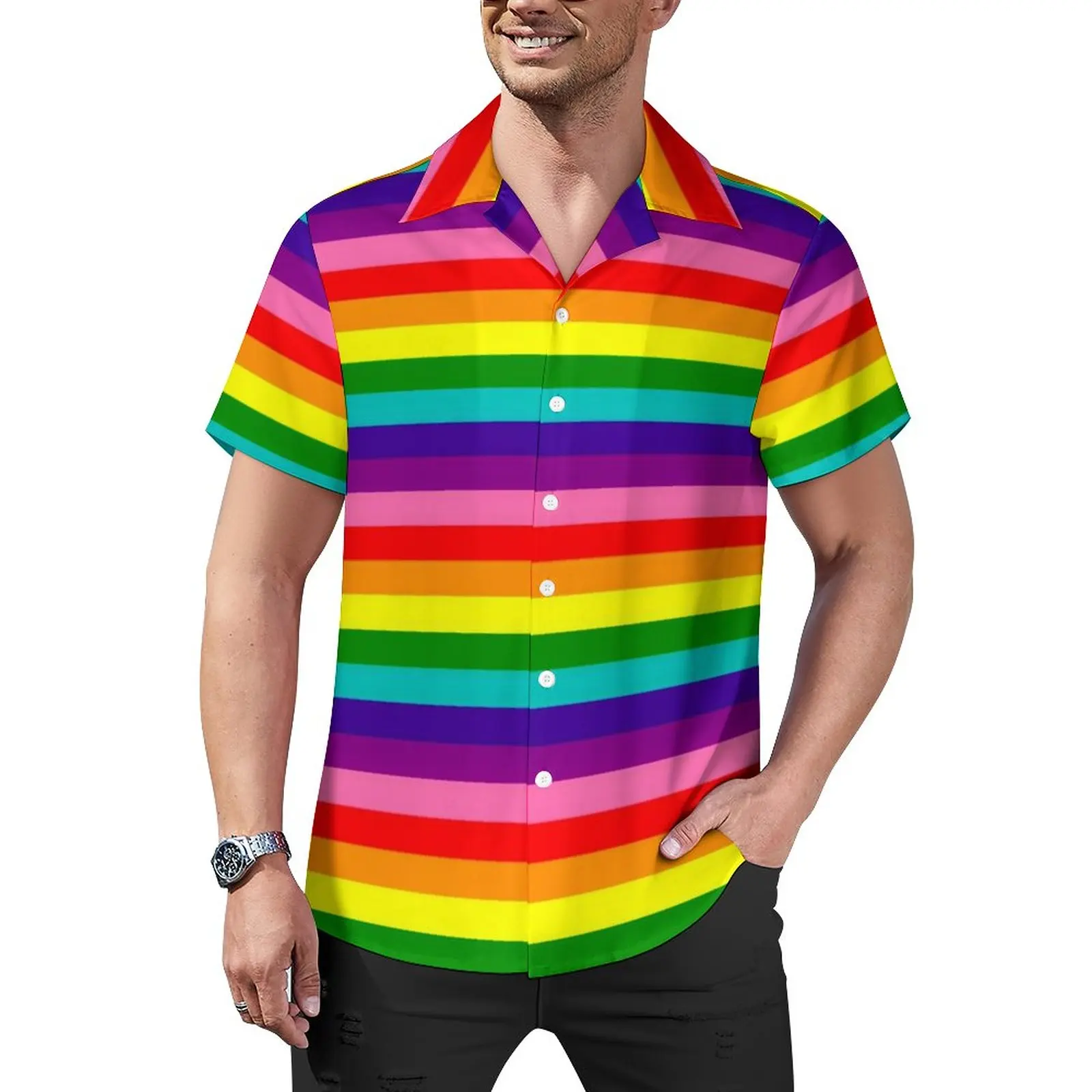 

Rainbow Pride Flag Loose Shirt Man Beach LGBT Stripes Casual Shirts Hawaiian Design Short-Sleeve Street Style Oversized Blouses