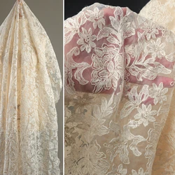 Beige Cotton Thread Embroidery Flower Mesh Lace Fabric for Dress/ Apparel Designer Sewing Fabric By The Yard