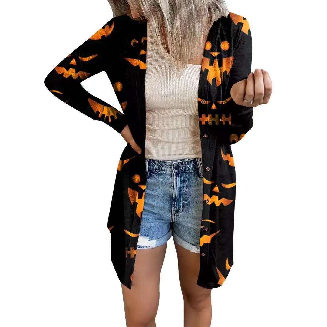 

New Fashion Women Halloween Cardigan Casual Long Sleeve Bat Print Buttons Down Open Front Outwear Skin-Friendly Hot Sale