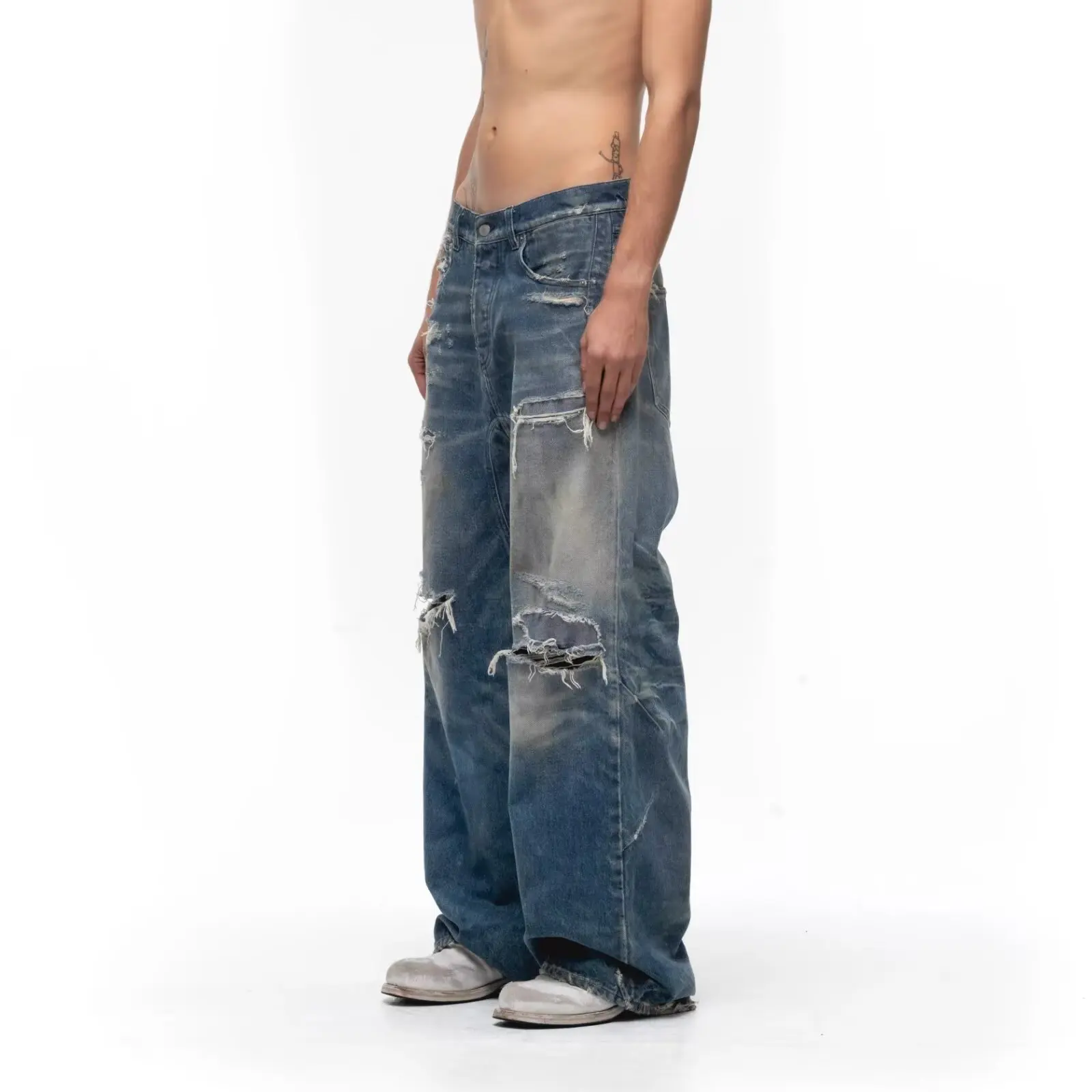 Unisex Jeans 2026 Spring Autumn Men's American Hollow Out Washed Retro Jeans Loose Wide Leg Straight Pants Hole Ripped Trousers