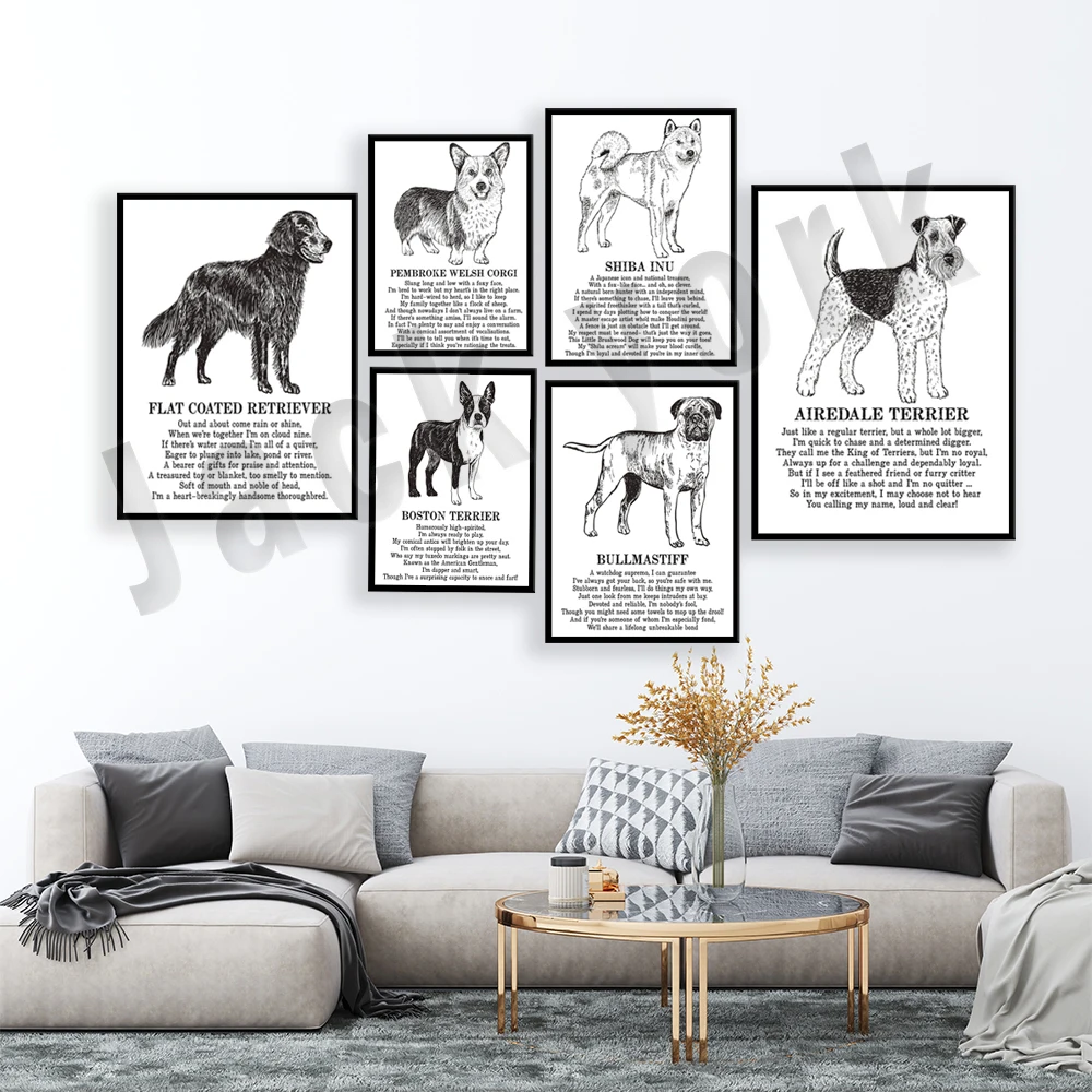 Boston Terrier, Kree Blue Terrier, Bedlington Terrier, Pembroke Welsh Corgi, Boxer, Dalmatians animal illustration poem poster