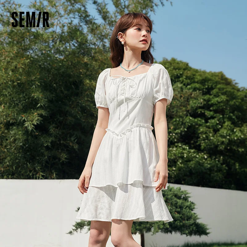 Semir Dress Women Design Stringy Selvedge 2023 Summer New Retro Square Neck  Palace Style Short Dress