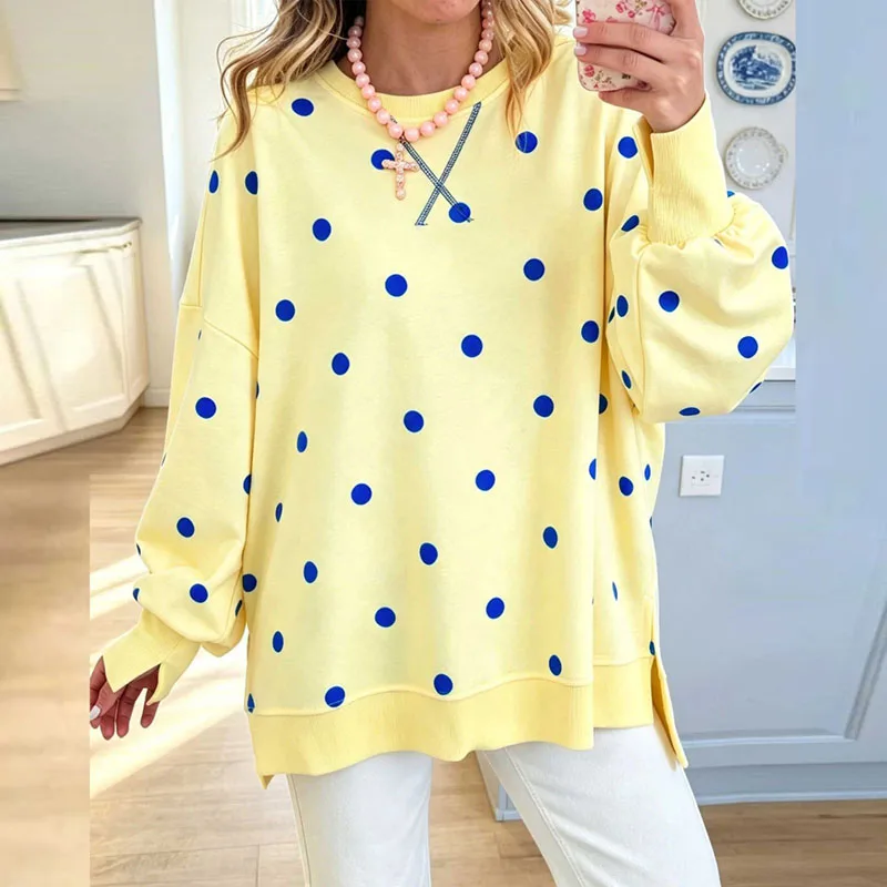 Crew Neck Polka Dot Print Sweatshirts Women Long Sleeve Side Split Hem Loose Blouses Casual Fall Winter Daily Wear Pullover Tops