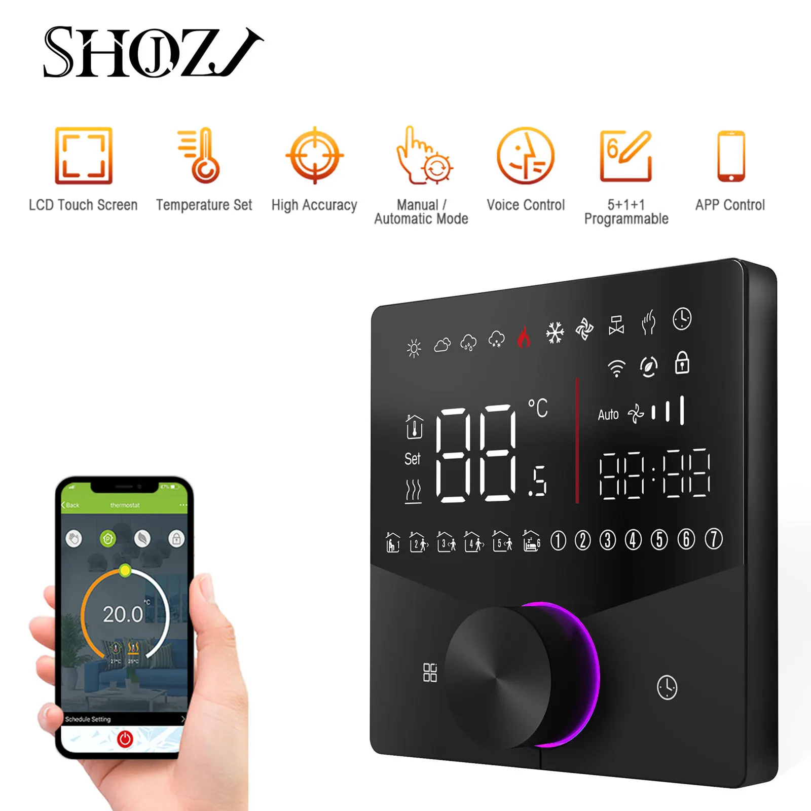 Smart Knob Thermostat,WiFi Gas Boiler Electric Heating Temperature Controller,LCD Display Touch Screen,Tuya,Alexa,Google home