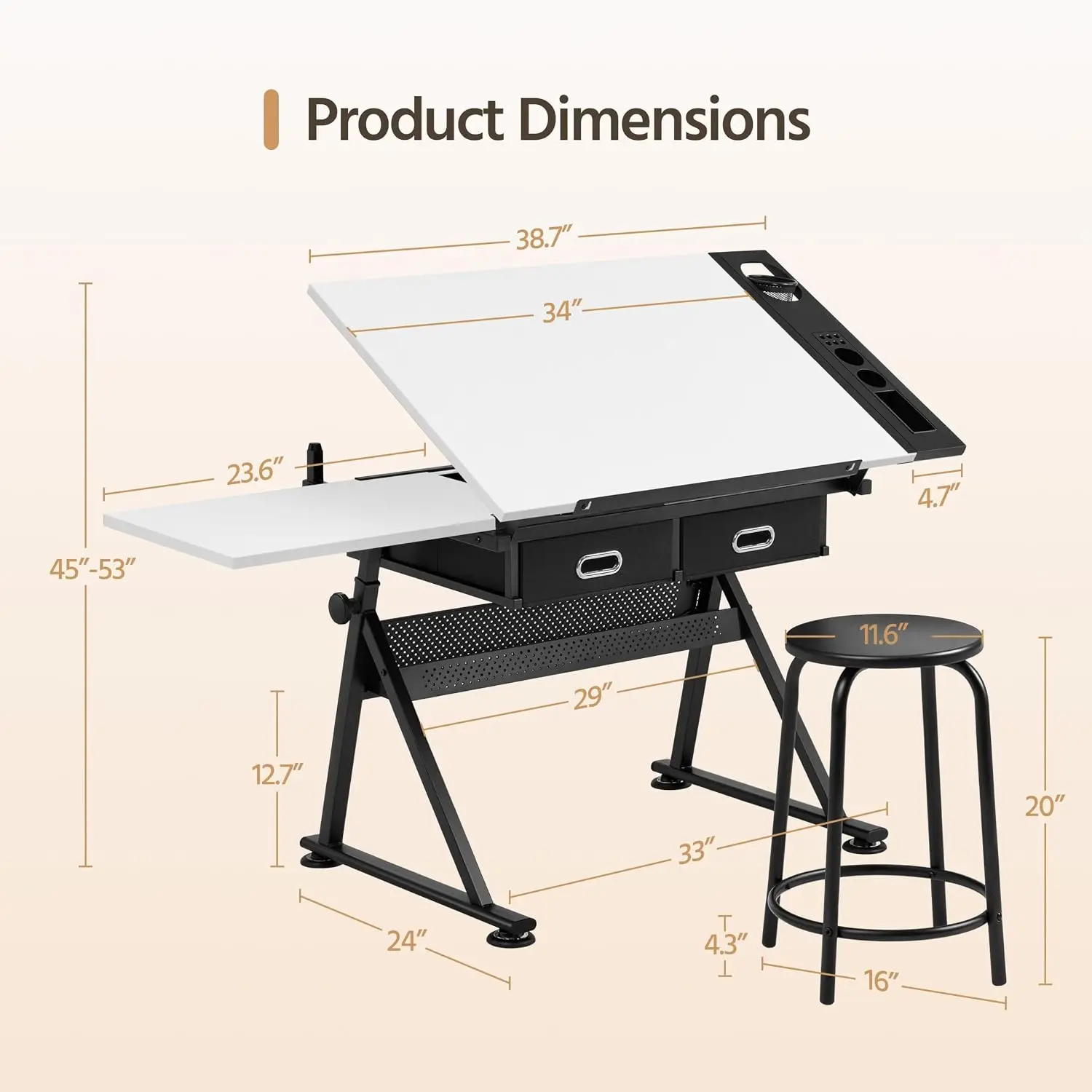 Adjustable Drafting Table Art Desk,Storage Drawers & Stool,White