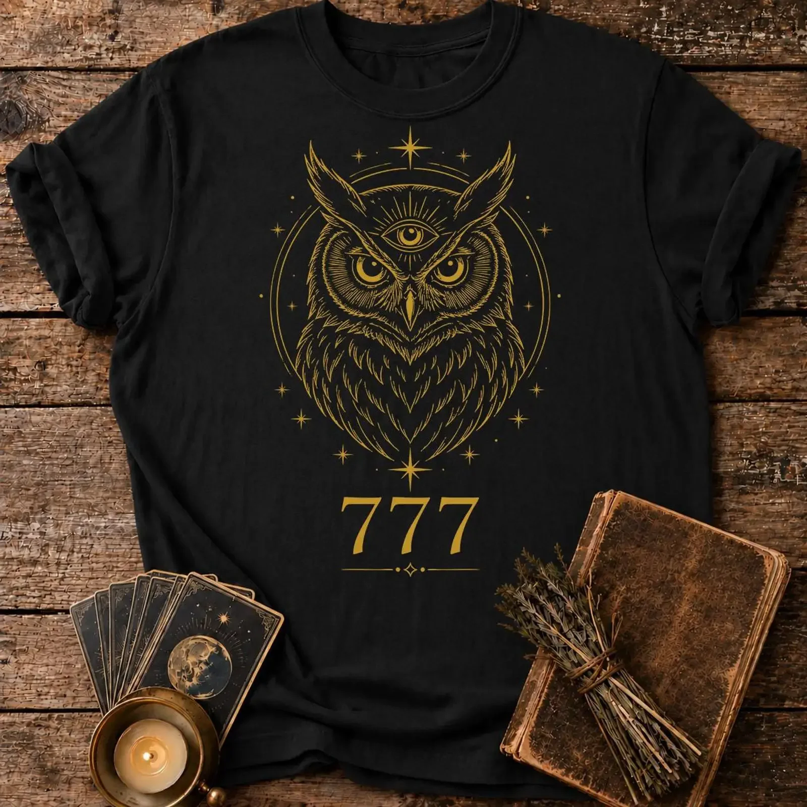Angel Number 777 T Shirt Owl Third Eye Spiritual Wisdom Design Intuition Symbol  vintage Washed Comfortable Stretched Soft