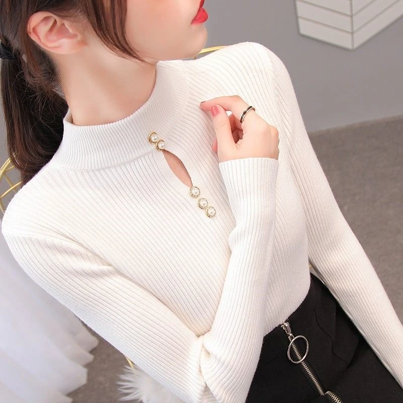 AOSSVIAO 2026 Korean Mock Neck Knit Base Sweater Autumn Winter Hollow‑Out Women Pullover Versatile Long‑Sleeve Fitted Tops